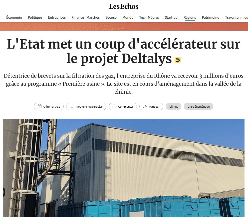 Article de presse Les Echos sur Deltalys et le programme "Première Usine"